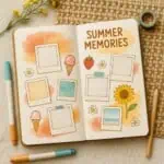 A bullet journal set up ready for some summer review journaling. On the page it says 'summer memories' and there are boxes that look like polaroid photos ready to be written in or drawn in