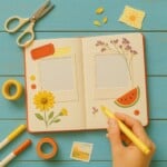 An open scrapbook with blank photo frames, pressed flowers, stickers, and colorful tape sits on a blue wooden table—perfect inspiration for things to put in your summer journal. A hand holds a yellow marker amid scissors, pens, and decorative items.