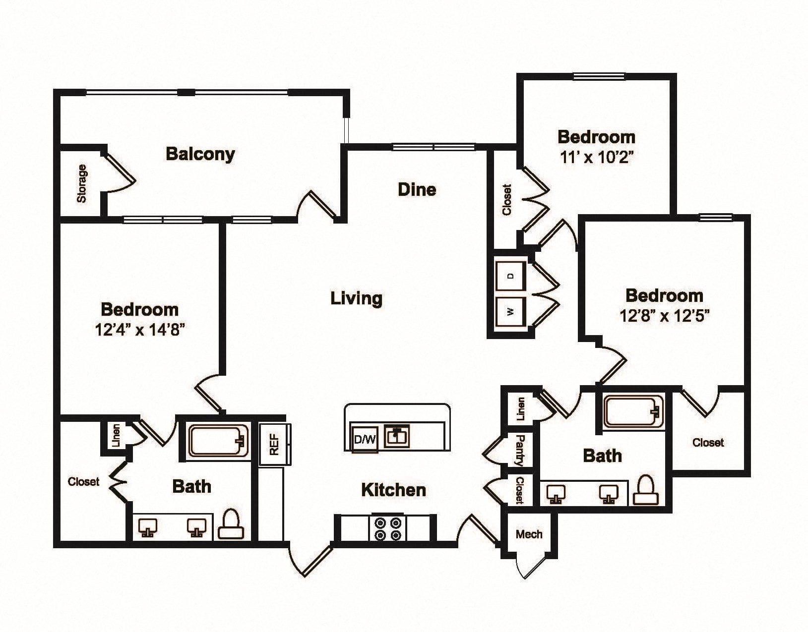 Black and white floor plan of a three-bedroom, three-bath apartment with a kitchen, living and dining area, balcony, storage, closets, and washer/dryer space. Rooms are labeled with dimensions.