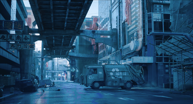 An image of a city with a truck driving down the street.