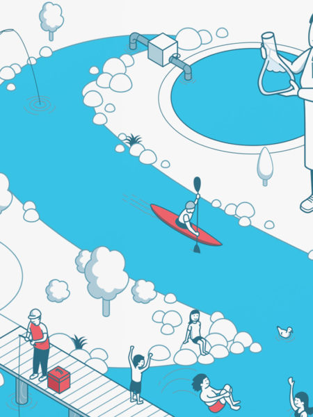 Illustration of a group of people on a bridge over a river.