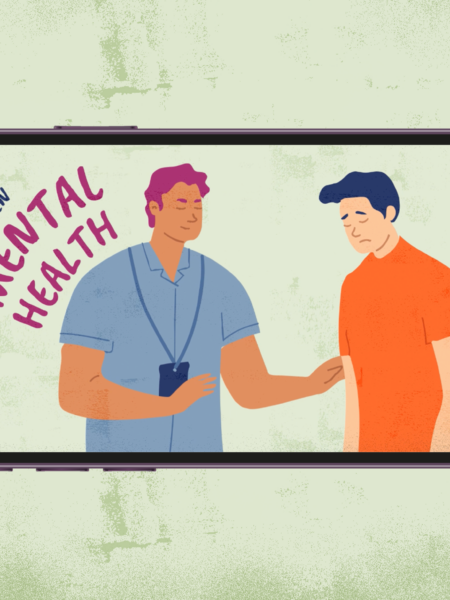 An illustration of a man and a woman talking on a phone.
