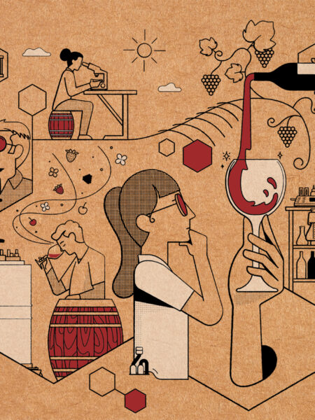 An illustration of a group of people drinking wine.