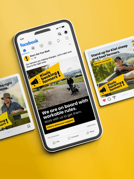 A smartphone displays a Facebook post advocating for Kiwi sheep and beef farmers. Surrounding the phone are four postcards with similar yellow-themed designs and supportive messages, all set against a yellow background.