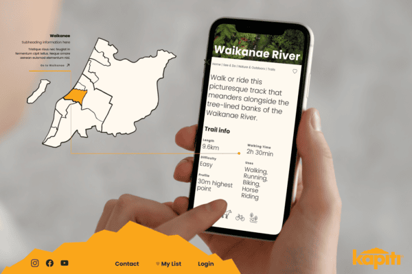 A person holds a smartphone displaying a Kāpiti regional tourism webpage about the Waikanae River trail, featuring trail information, activities, and length. In the background, there's a map highlighting Waikanae's location in the Ōtaki region. The "kapiti" logo is visible.