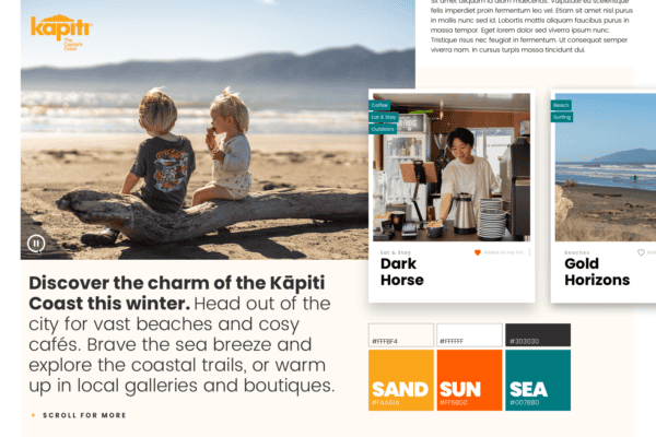 Two children sit by the beach under a clear sky. A man serves coffee at Dark Horse café, with a menu behind him. The page highlights the Kāpiti Coast, featuring stories about Dark Horse and Gold Horizons, with color palette swatches labeled SAND, SUN, and SEA.