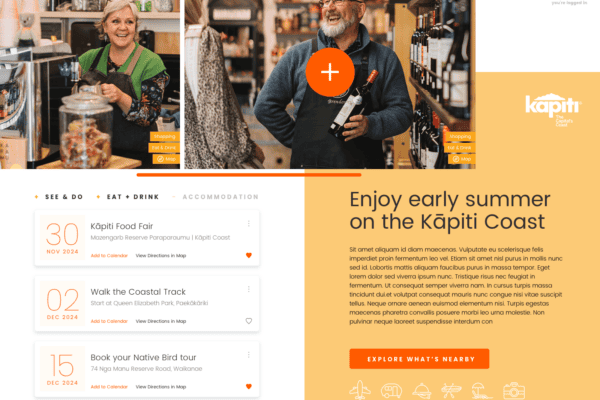 A smiling couple in a wine shop. The man holds a bottle and wears an apron. The image promotes tourism on the Kāpiti Coast with events listed on the left and an orange CTA button. The background shows shelves of wines and a modern logo.