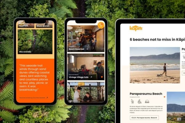 Three devices display a Kāpiti coastal travel guide app with images of beaches, cafes, and hiking trails. The background shows lush green foliage, as seen from an aerial view. The interface features explore options, reviews, and vibrant destination photos.