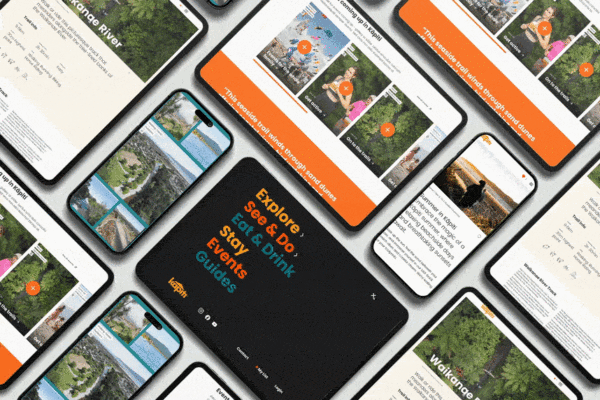 A variety of smartphones and tablets display an app featuring guides for exploring, dining, staying, and events in the Kāpiti coast. The screens show images of landscapes, text descriptions, and navigation options. Prominent text says "Explore, See & Do, Stay & Drink, Events, Guides.