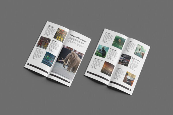 Open magazine on a gray surface featuring articles with images. One page shows a mammoth, while other pages include pictures of various illustrations and designs. Text and images vary in layout, showcasing different themes and topics.