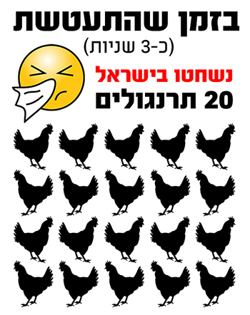 אינפוגרפיקה: כמה תרנגולים נשחטים בישראל בזמן עיטוש אינפוגרפיקה: בזמן שהתעטשת (כ-3 שניות) נשחטו בישראל 20 תרנגולים