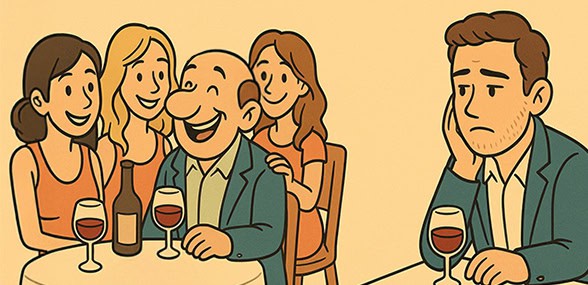 איור קומי להמחשת הציטוט: "נשים לא רוצות גברים יפים אלא גברים שהיו עם נשים יפות" (מילן קונדרה, ספר הצחוק והשכחה)