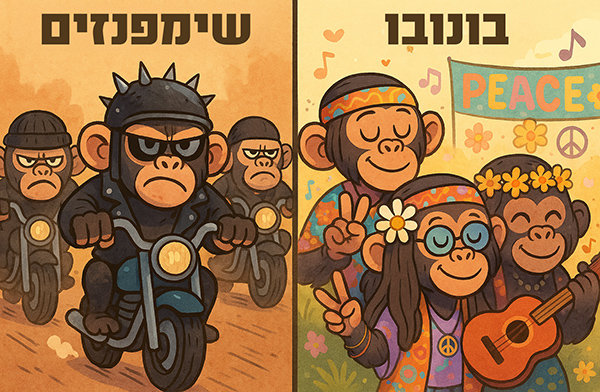 קריקטורה המחשת הבדלים בין שימפנזים לקופי בונובו כנופיית אופנוענים מול ילדי פרחים איור להמחשת ההבדלים בין שימפנזים לקופי בונובו: בתור כנופיית אופנוענים מצ'ואיסטית לעומת חבורה של ילדי פרחים