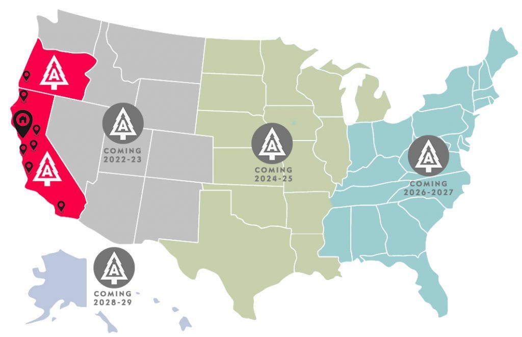 map of the united states showing which regions Atlas Tree currently services, and which regions they plan to serve in the future