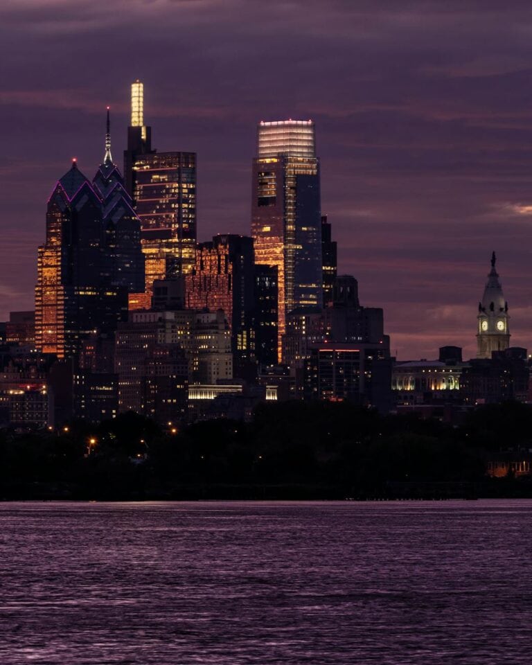 view of philadelphia city by night from delaware river