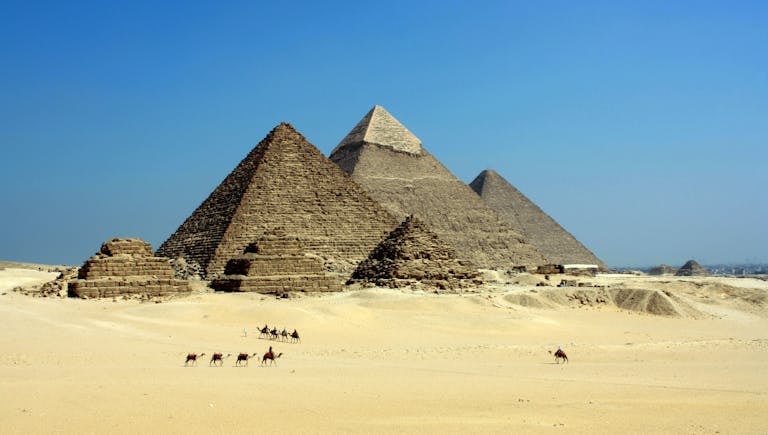 Capture of the iconic Pyramids of Giza under a clear blue sky with camels traversing the sandy desert.