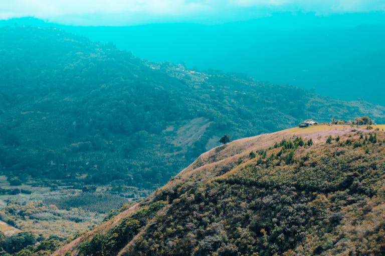 Picturesque rural landscape featuring rolling hills and clear blue sky, ideal for nature enthusiasts.