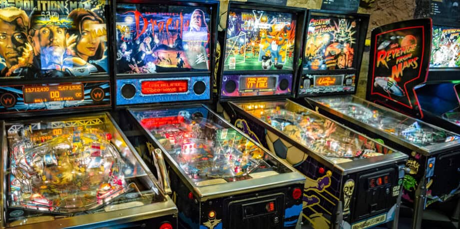 Budapest, Hungary - March 25, 2018: Pinball museum. Pinball table close up view of vintage machine Budapest, Hungary - March 25, 2018: Pinball museum. Pinball table close up view of vintage machine.