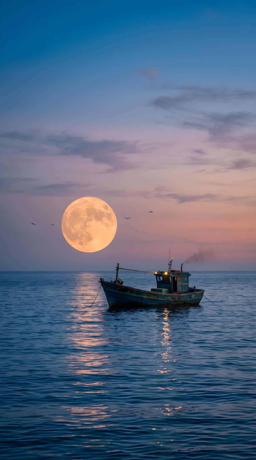 Fishing boat beneath a full moon over calm water