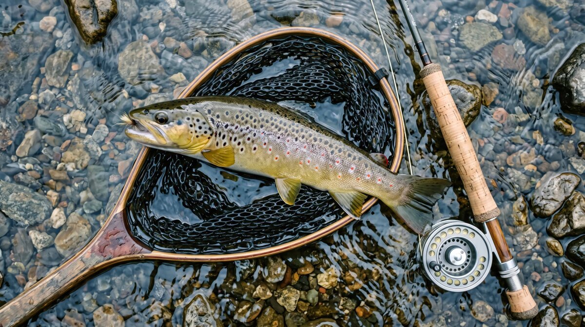 Brown trout resting in a wooden landing net