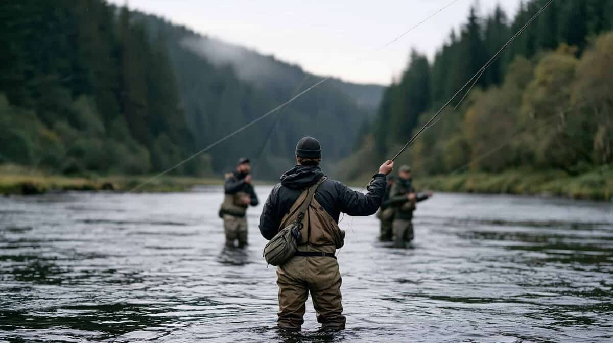 Anglers wading a Montana river under forested hills