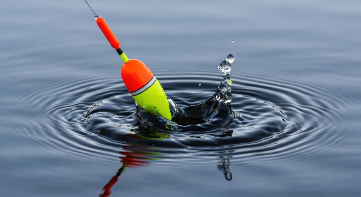Bright bobber dipping into calm water