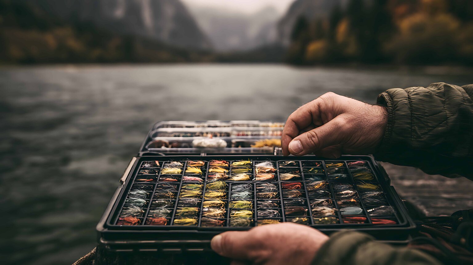 Fly angler selecting a lure from a fly box beside a river