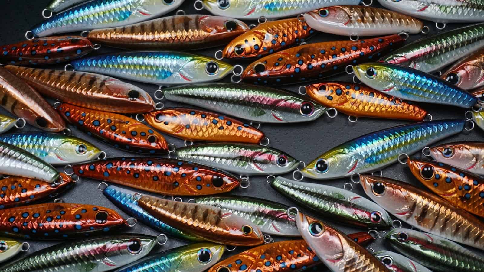 Assorted fishing lures and baits laid out for comparing what failed in a field test