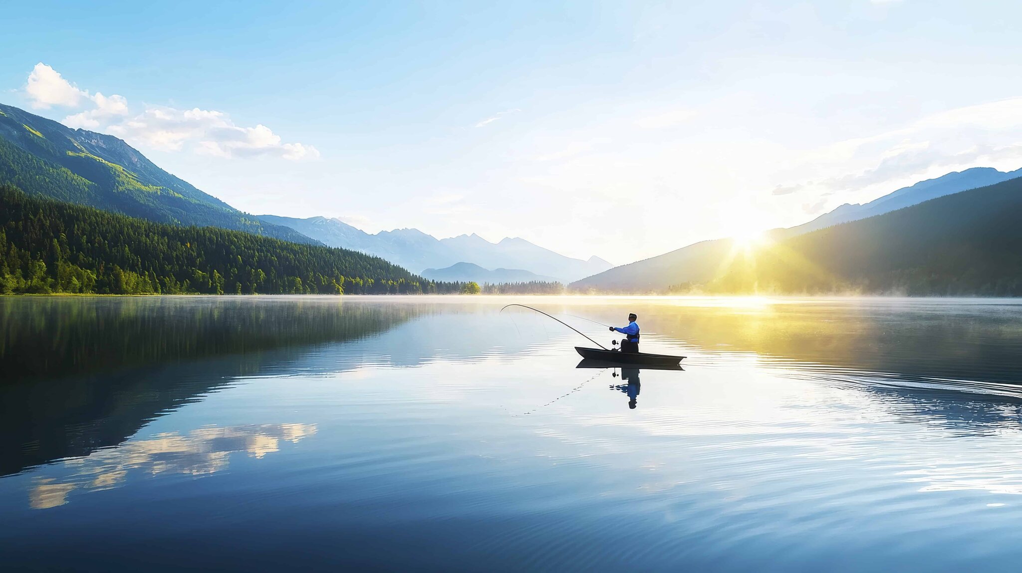 Lone angler on a calm mountain lake at sunrise surrounded by forest