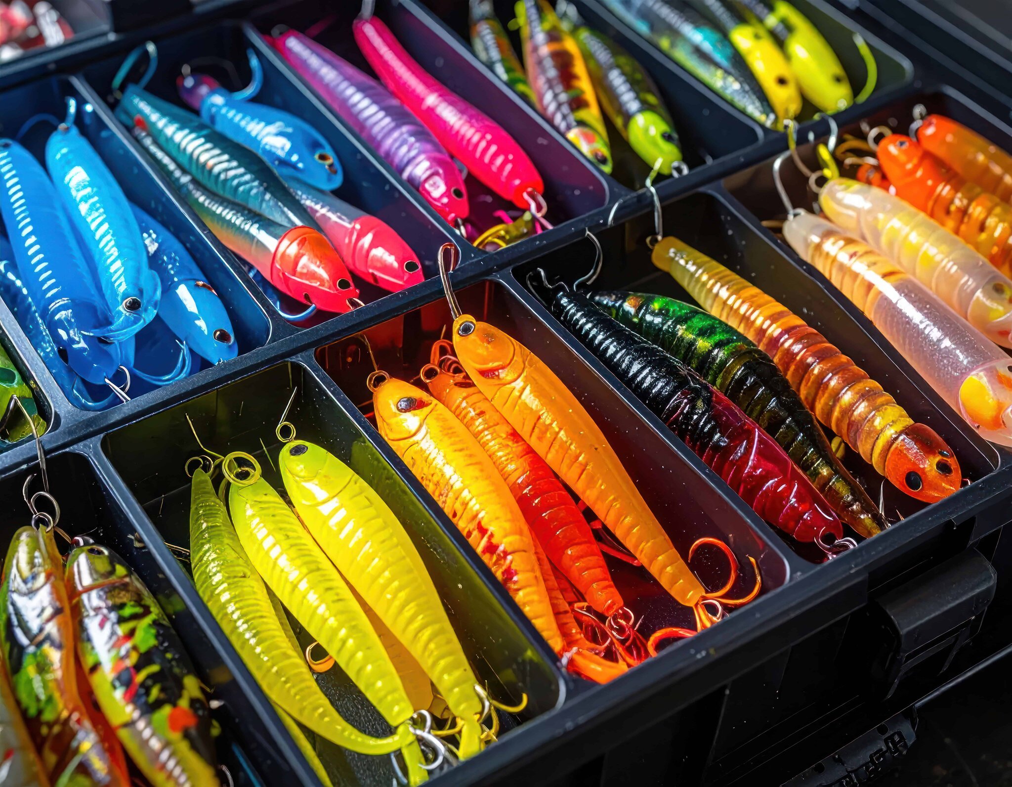Fishing lures organized by type in a compartmented tackle box