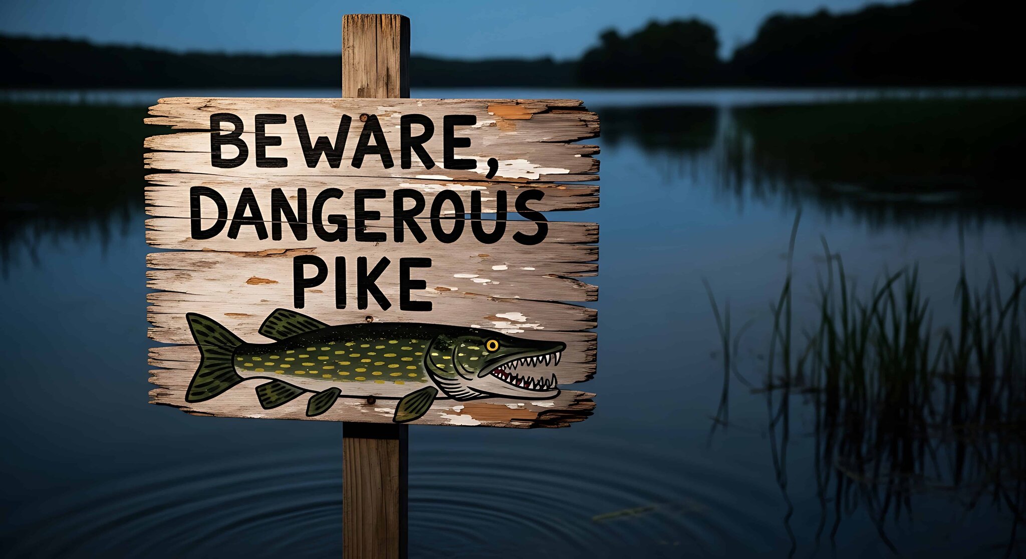 Warning sign about dangerous pike in a lake