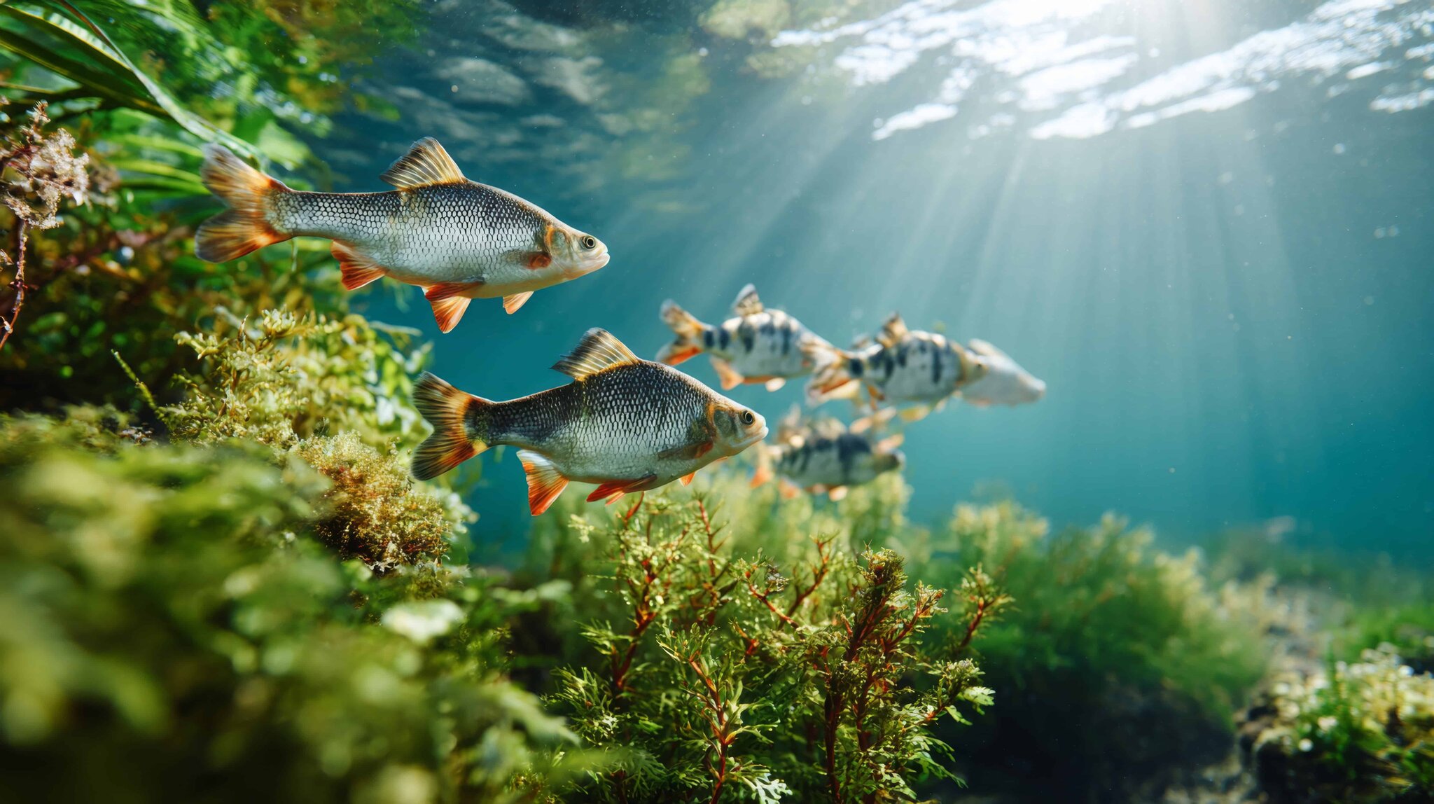 School of freshwater fish swimming in clear river water with green aquatic plants