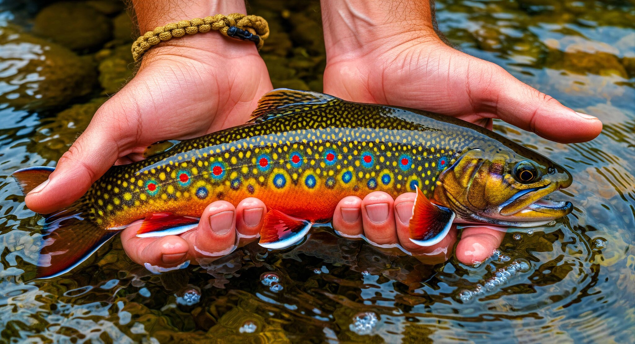 Illustrated angler holding a colorful trout above clear river water