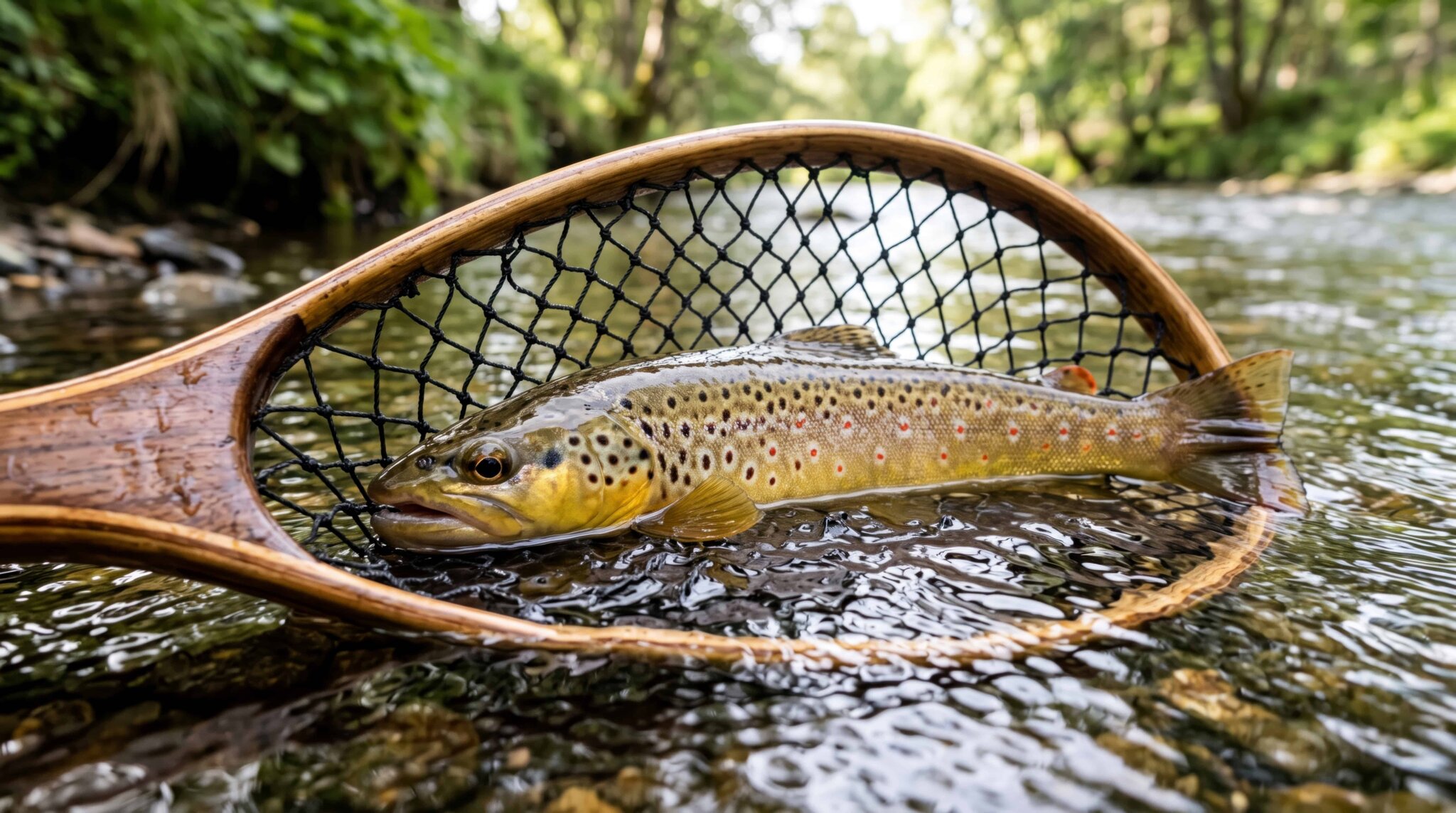 Brown trout resting in a landing net beside shallow river water