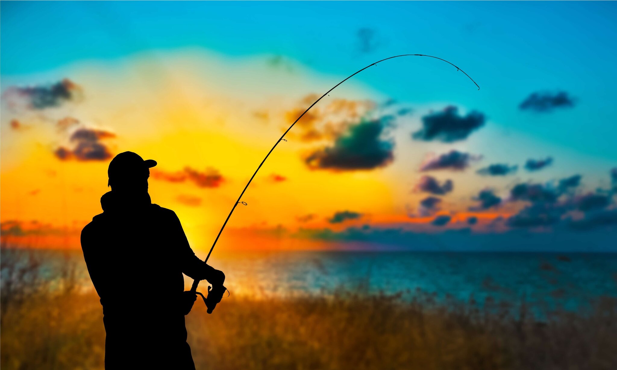Silhouette of a person fishing on the coast at sunset