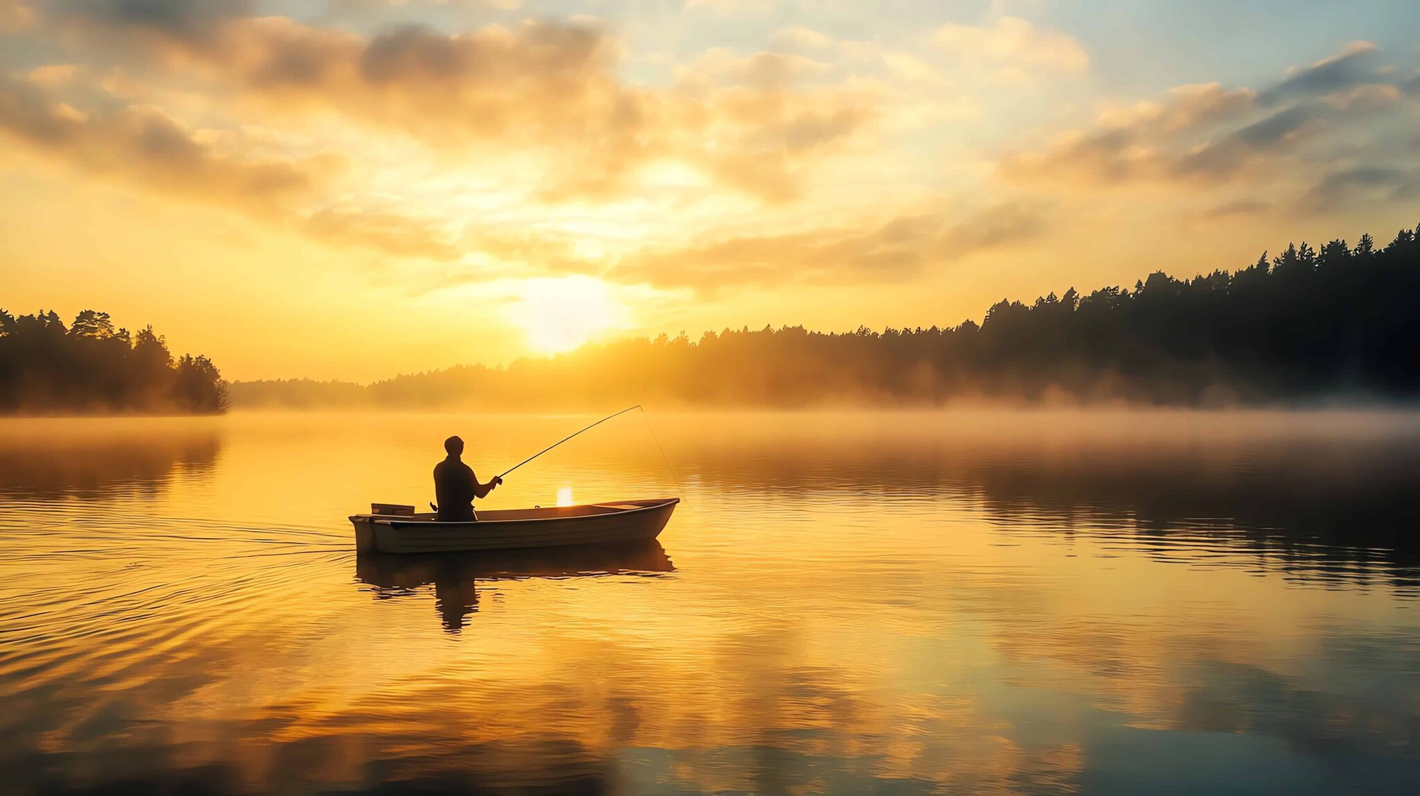 Person fishing from a boat at sunrise