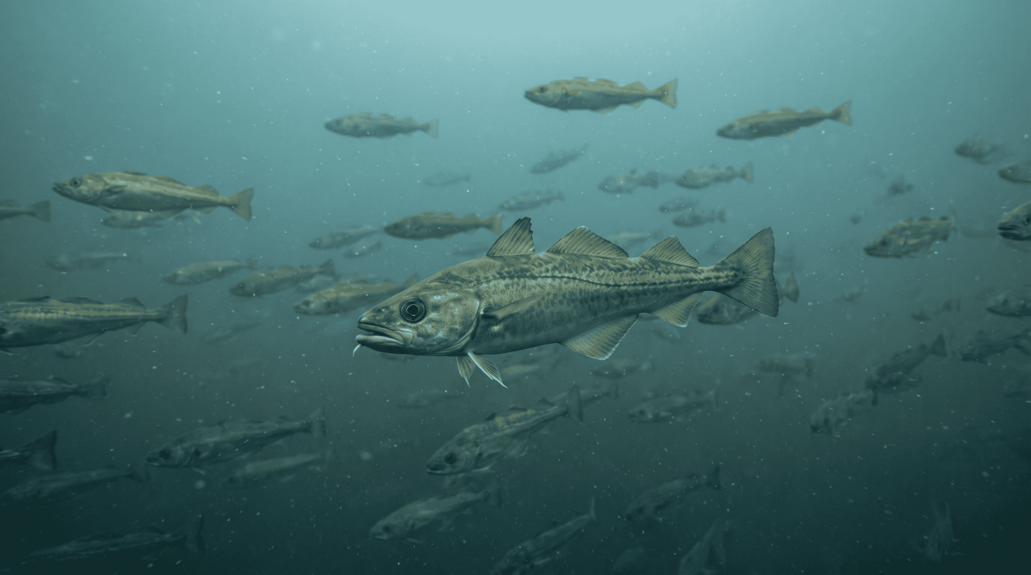 A school of Alaska pollock suspended in cold green midwater of the Bering Sea, well above the bottom, with one silvery-olive fish sharp in the foreground.