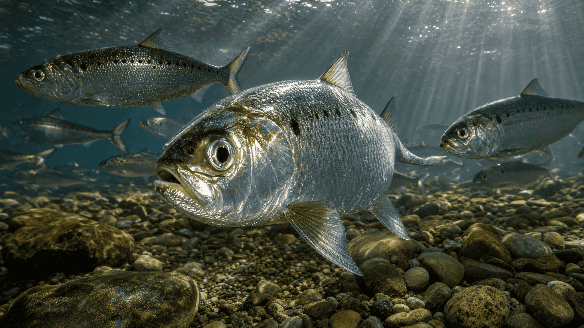 American shad (Alosa sapidissima) with a dark shoulder spot and fading row of spots, deeply forked tail, holding in sunlit spring river current over gravel