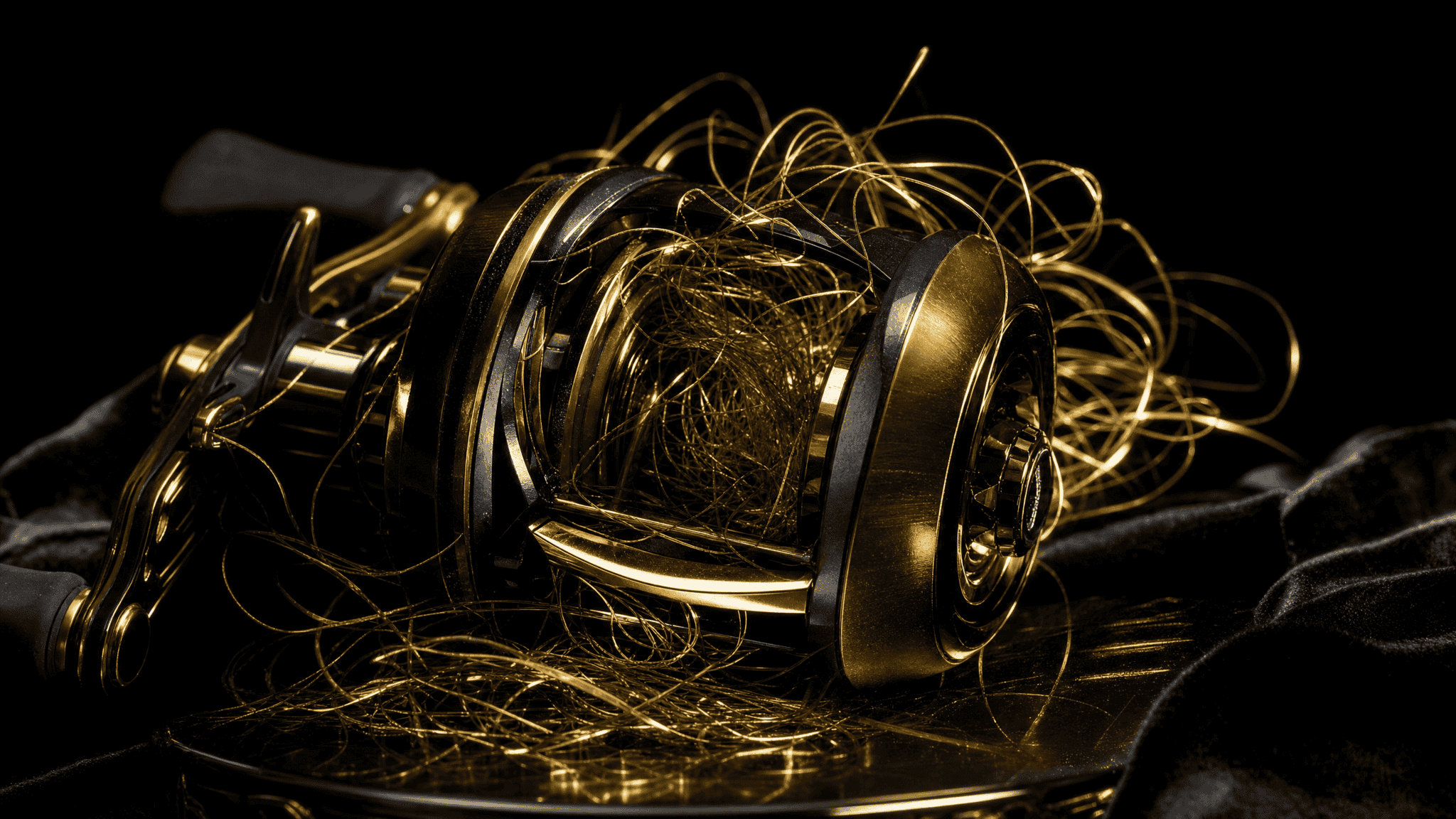Tangled baitcaster line lit like spun gold thread in a luxury still-life macro shot