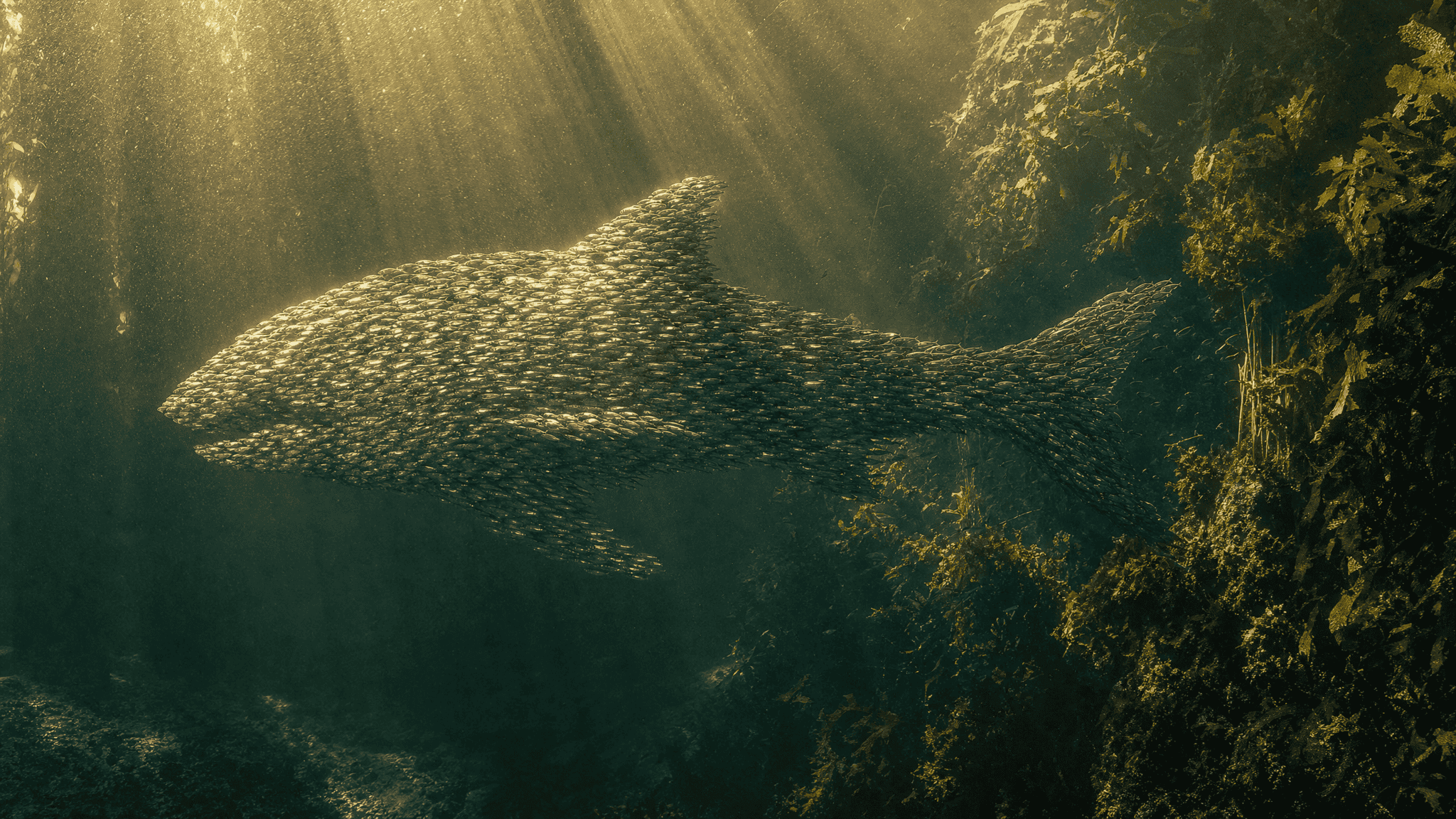 School of baitfish banking together along a sunlit weed edge, briefly forming the silhouette of a larger fish