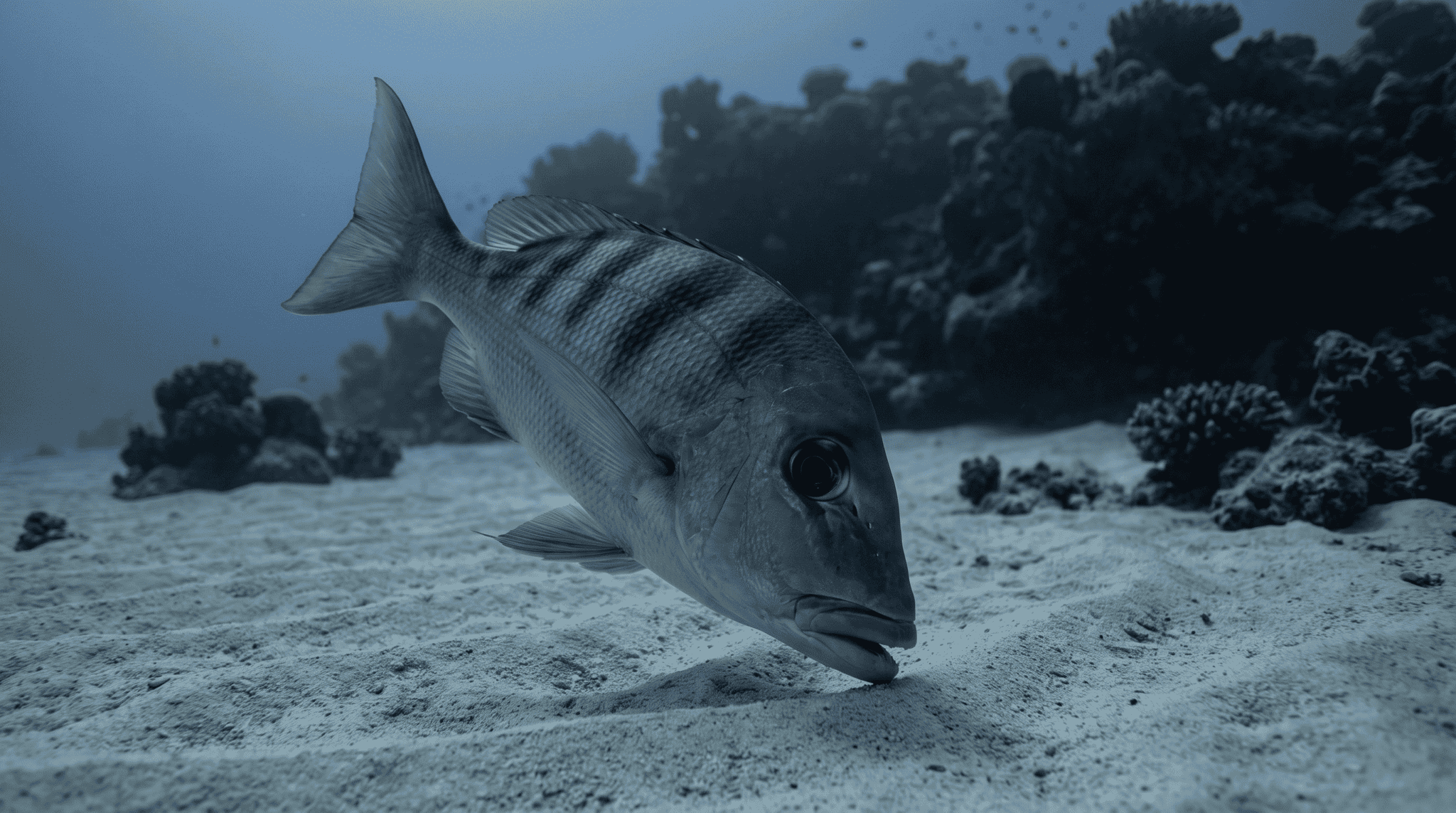 Stylized illustration of a bigeye emperor with a deep silver body, large eye, thick lips, and dark-edged scales above a reef-sand transition