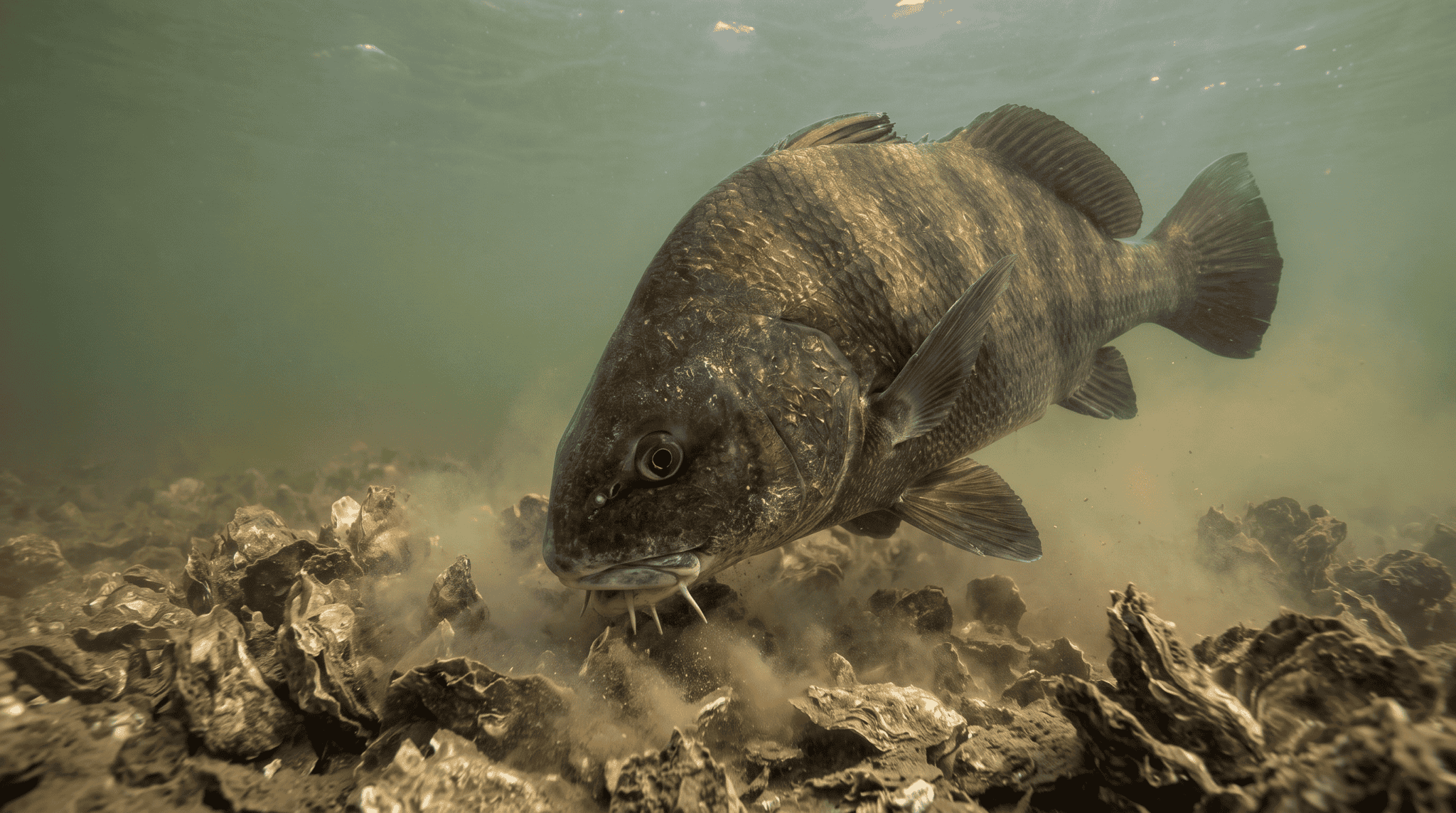 A large black drum feeding head-down over an oyster bed in murky estuary water, its chin barbels brushing the shells.