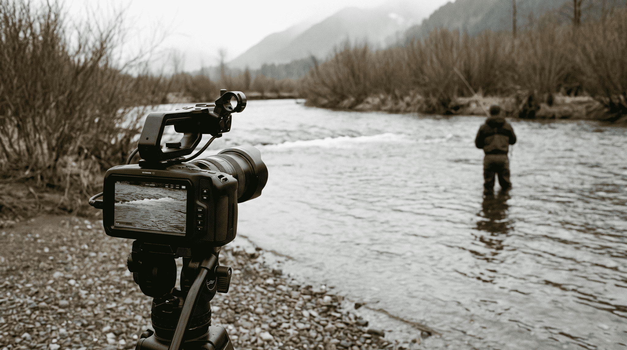 A video camera on a tripod pointed at a moving river, with an angler far downstream and out of focus