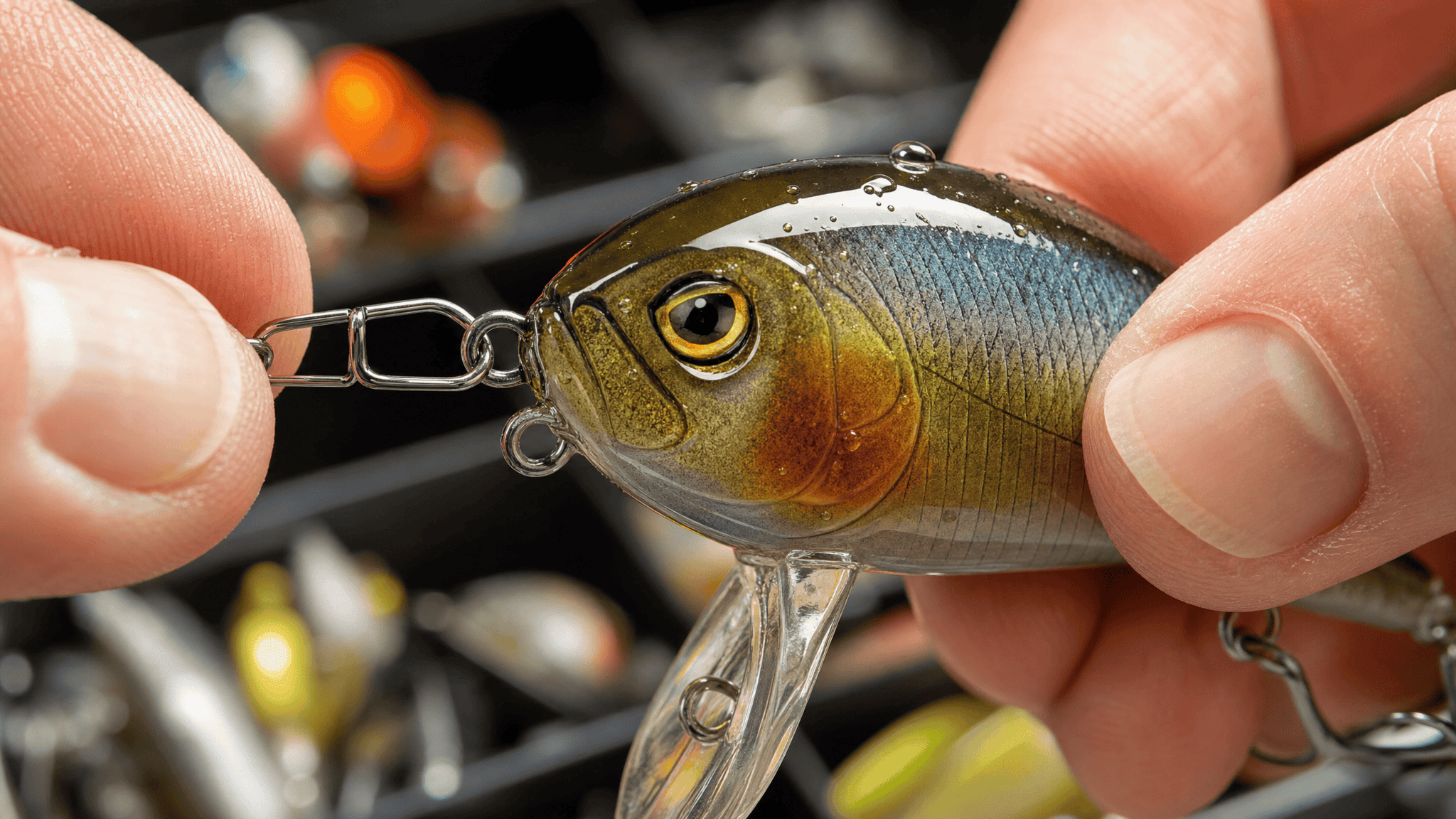 Fingers clipping a stainless snap onto a crankbait's line-tie, dramatic light on wet lure paint