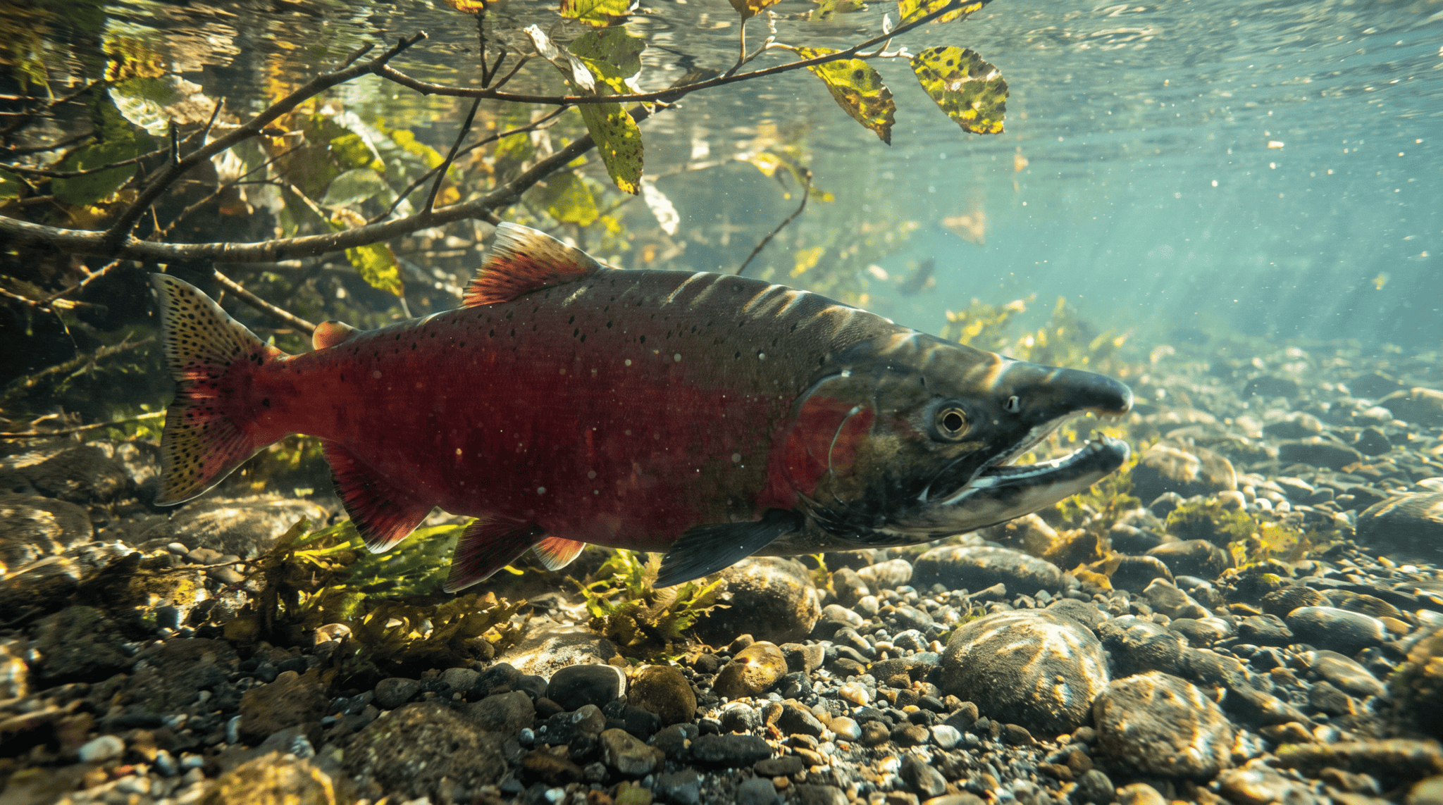 A red-flanked spawning male coho salmon with a dark green head and hooked jaw holding in a shallow gravel riffle of a Pacific Northwest river.