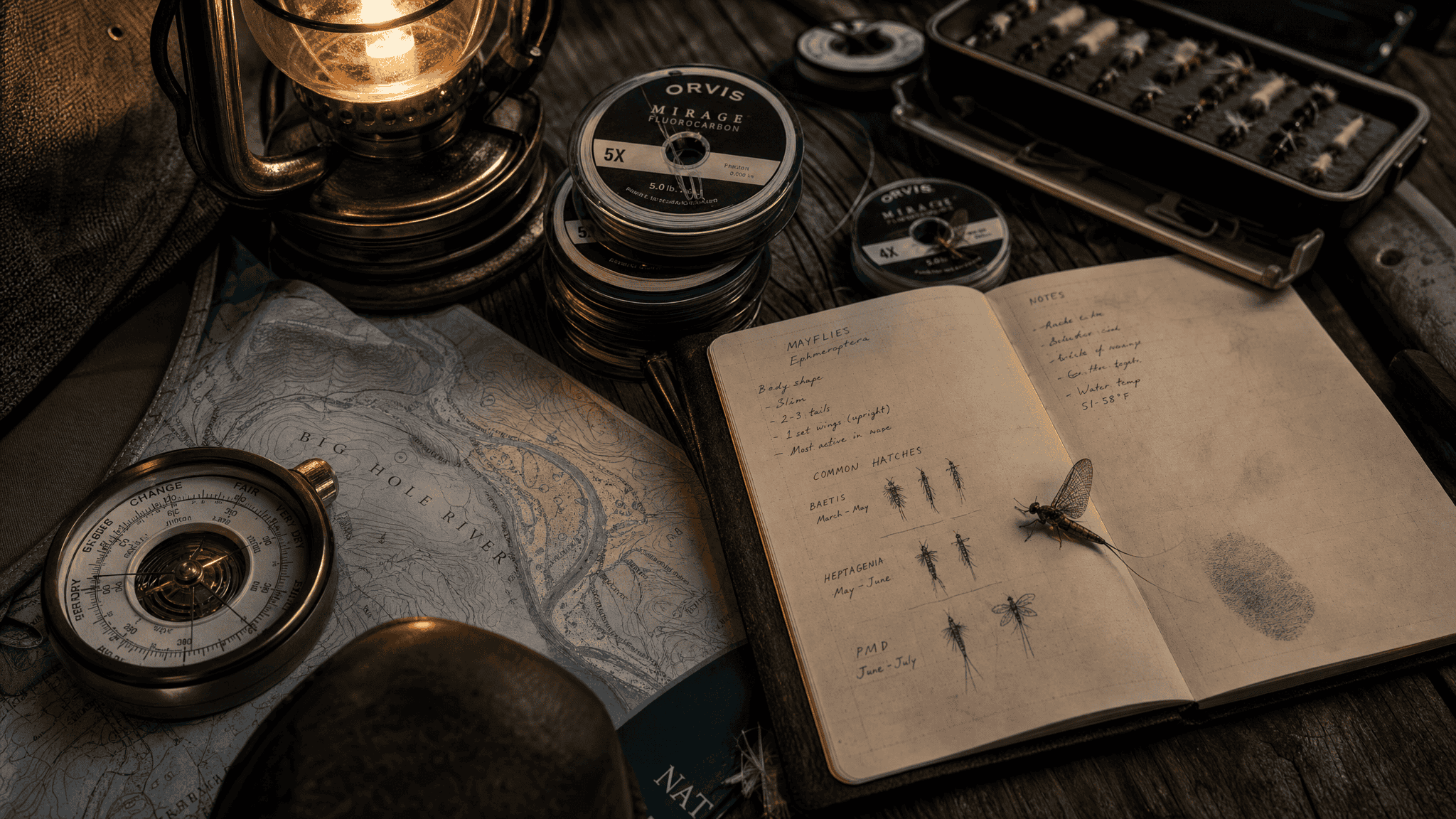 A field table at last light with a topographic map, barometer, leader spools and a notebook holding a live mayfly beside a wet fingerprint