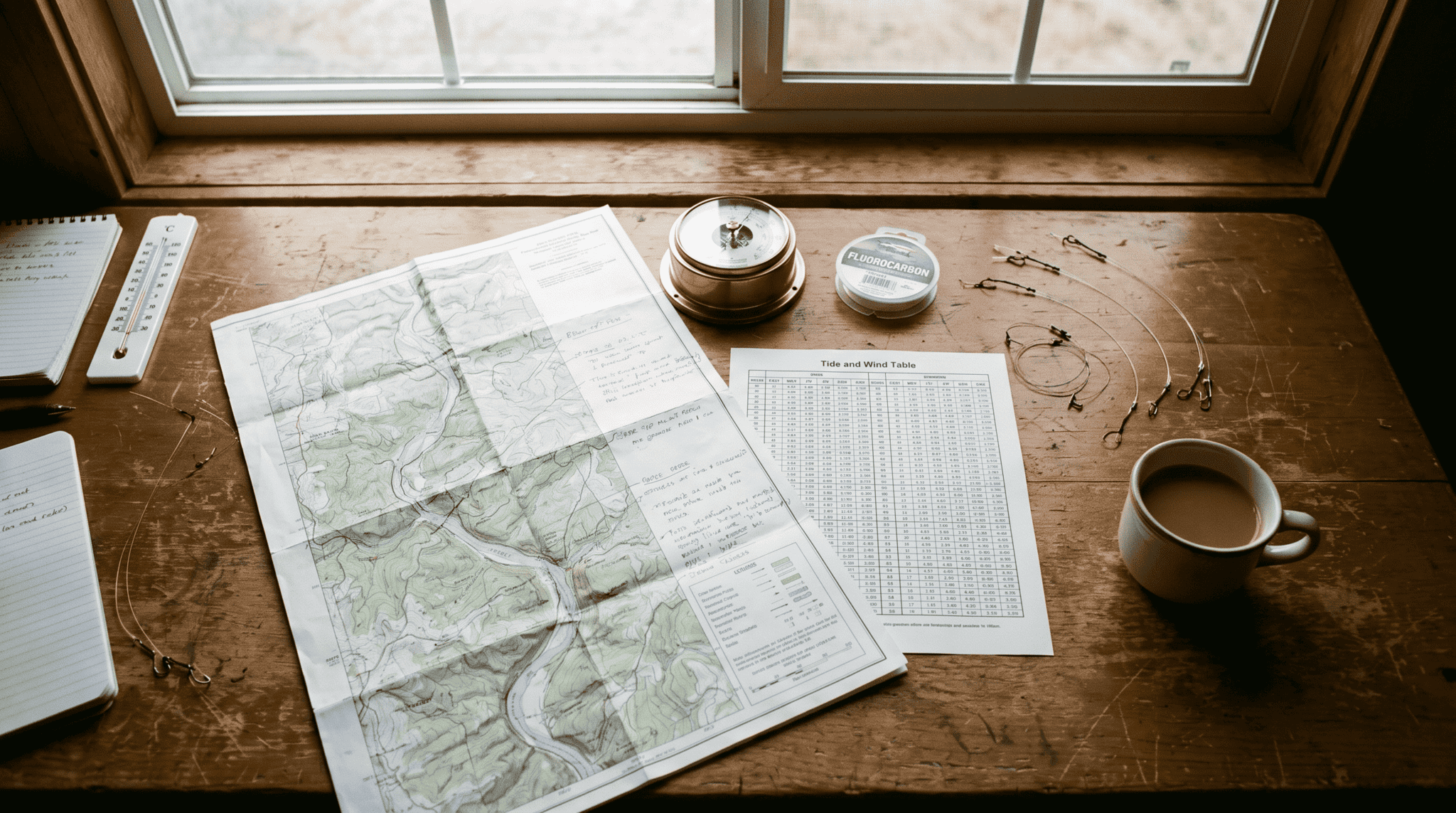 Trip-planning desk at dawn with a topographic river map, tide and wind table, barometer, leaders and a notebook