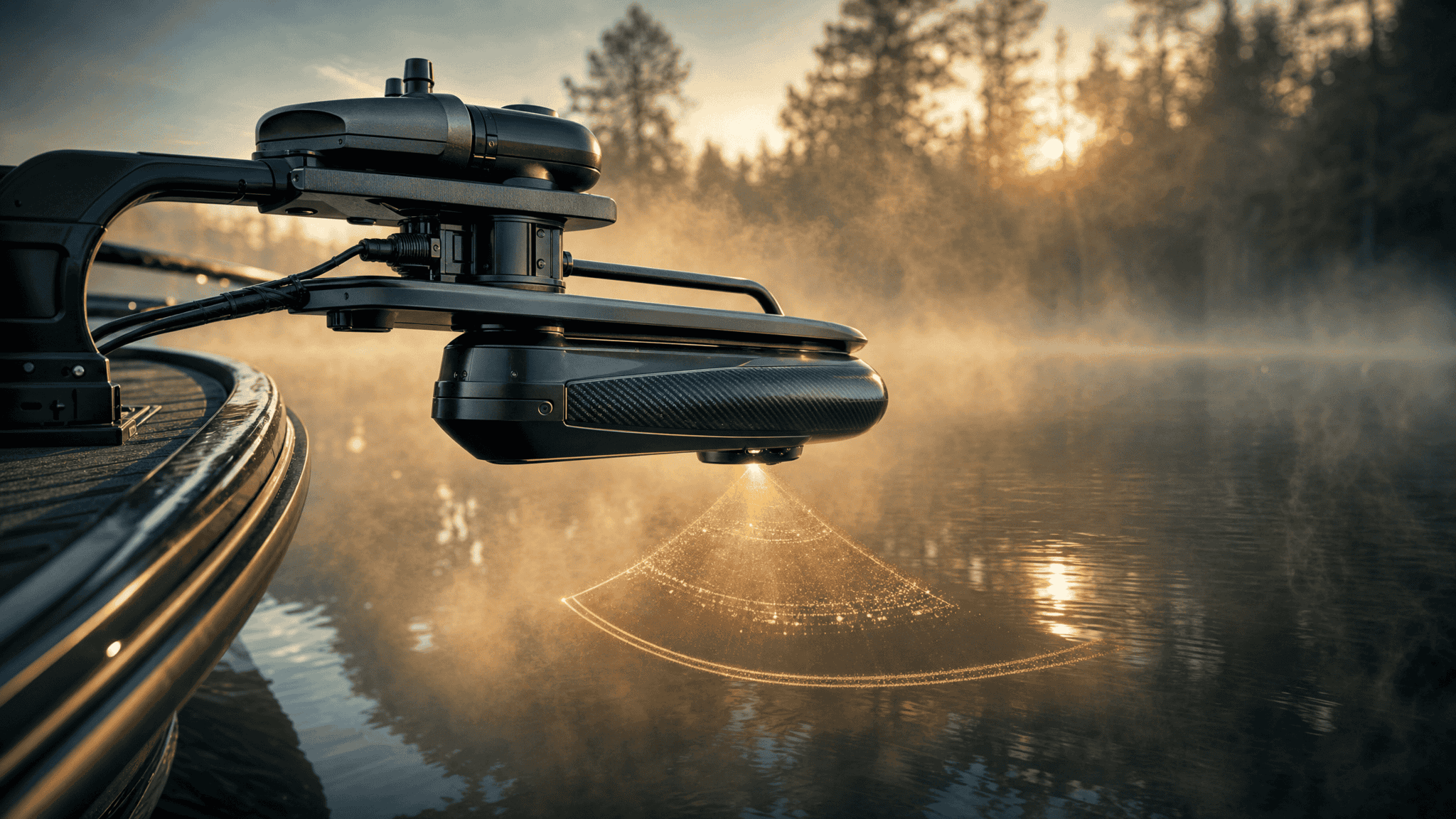 Forward-facing sonar transducer glowing with reflected light on a misty lake at dawn
