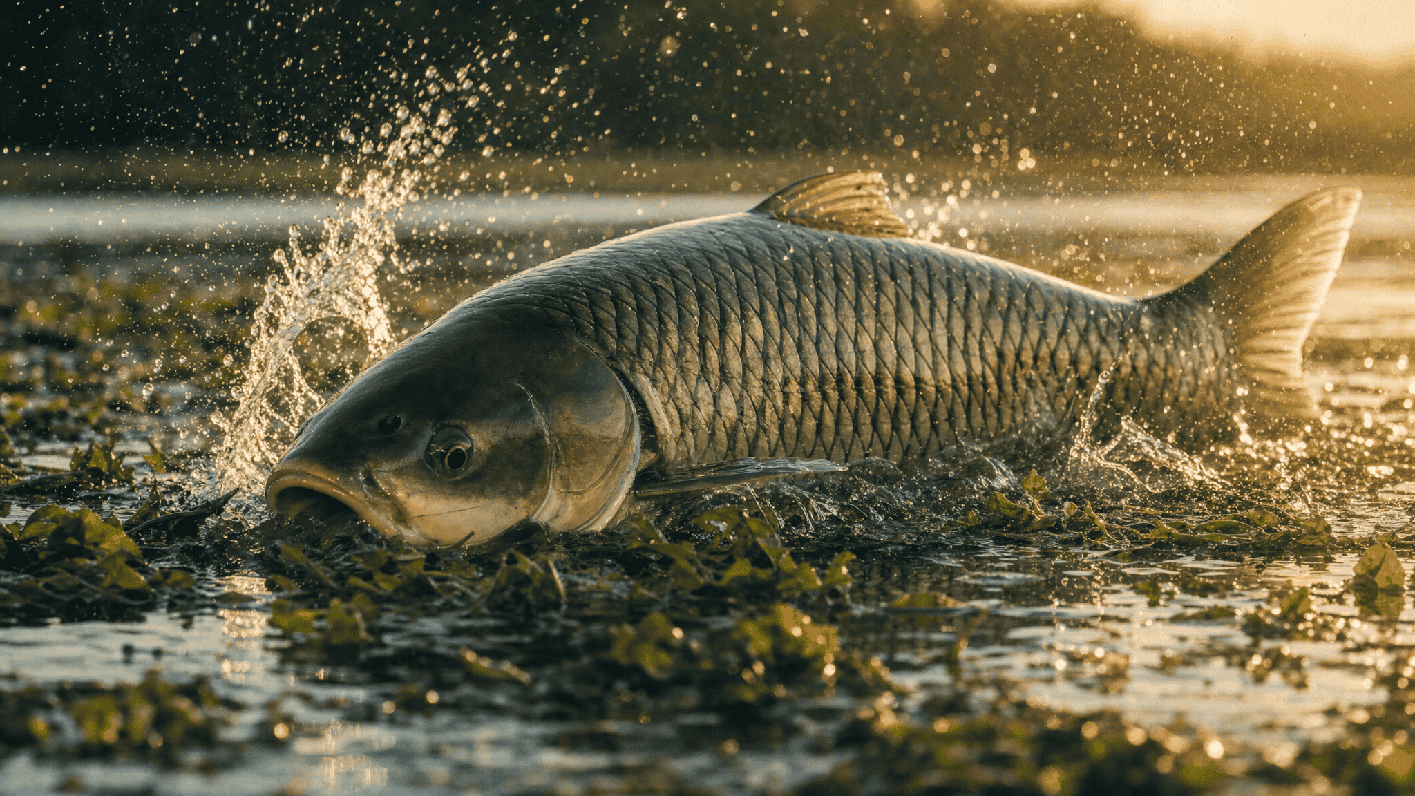 A very large grass carp with big dark-edged scales and no barbels, feeding on aquatic vegetation at the surface of a calm weedy lake