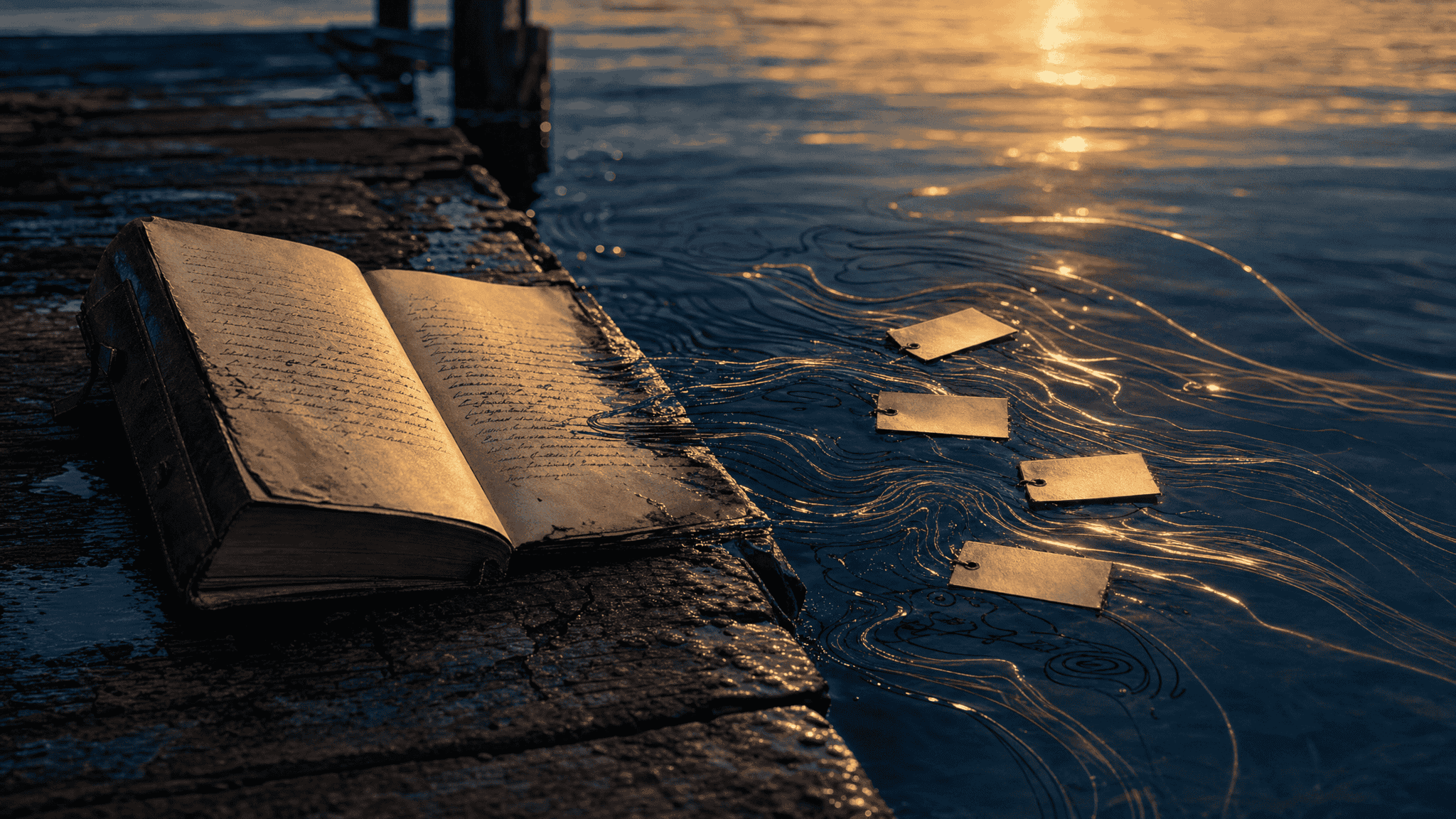 A field notebook's ink bleeding into the river beside it, forming glowing current lines with floating labeled tags